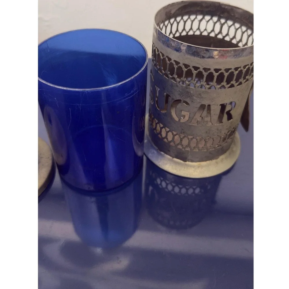 Vintage Savile‎ Row Cobalt Blue Glass Coffee Sugar Canister Set with Spoons